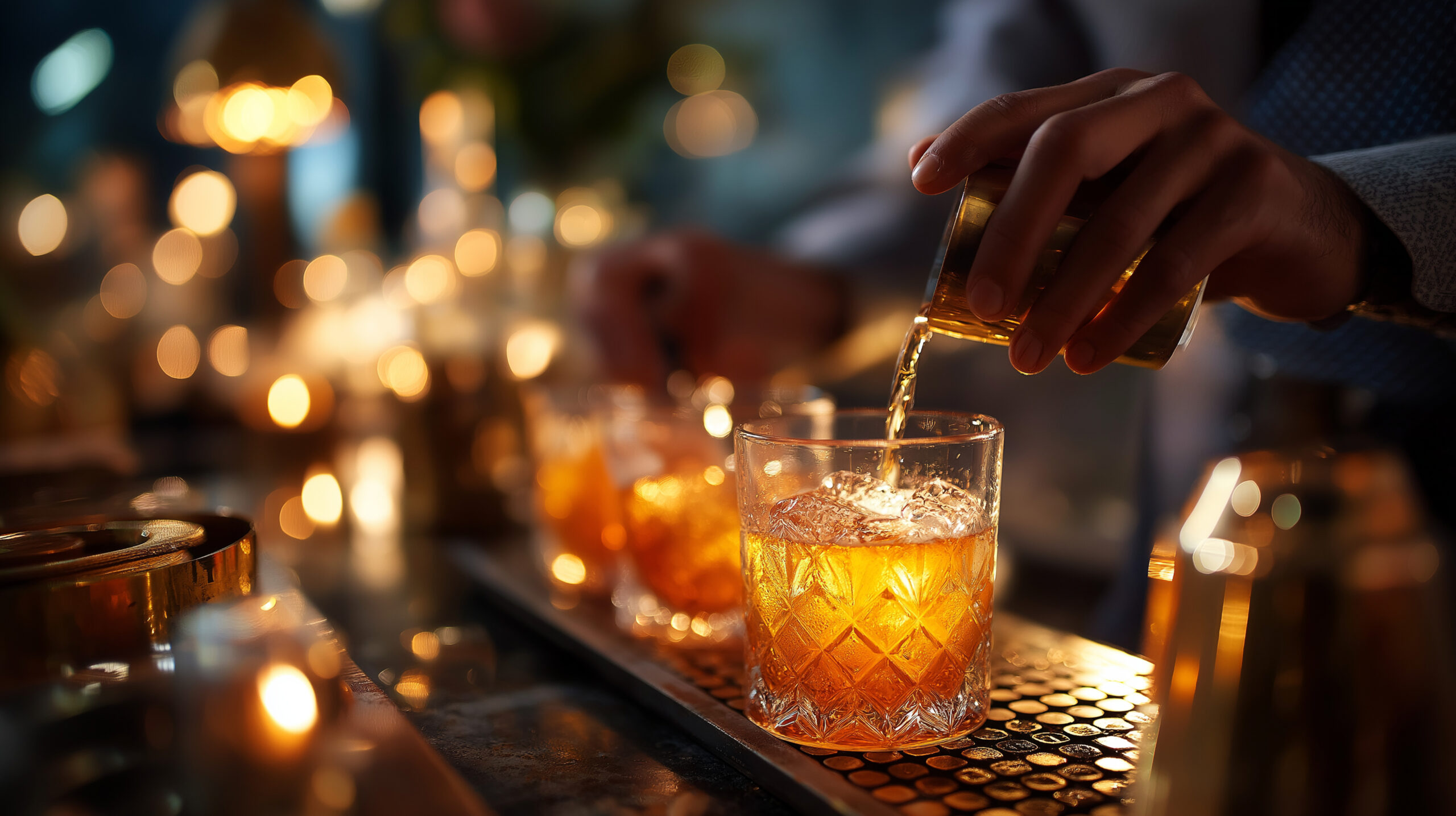 Bartender pouring cocktails at a speakeasy, dim lighting and laughter, secret jazz bar aesthetic, golden liquid in glass, Art Deco decor, Prohibition-era mood, class and rebellion,
